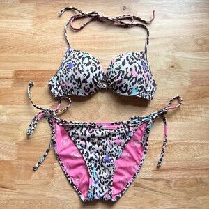 **SOLD** PINK Victoria's Secret splatter leopard print string bikini set XS top